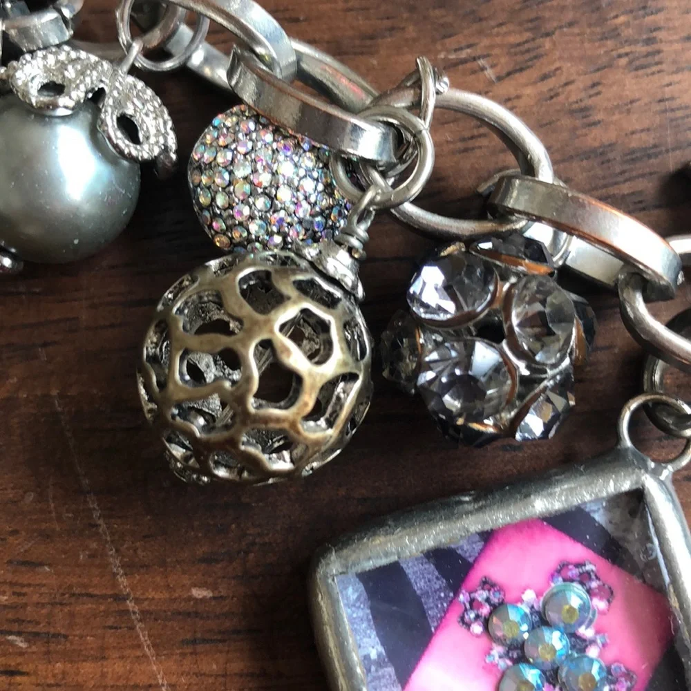 Custom Handmade Charm Bracelet Silver 14 Heavy Charms Cross Toggle Link Chain 7